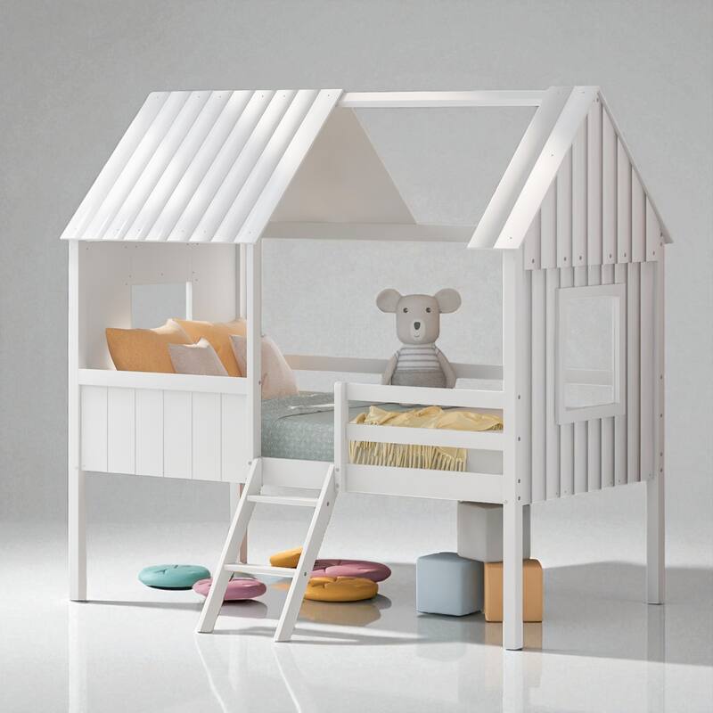 Twin Size House Bed with Roof and Side Windows, Low Loft Wooden Frame for Kids, No Box Spring Needed - White - Twin