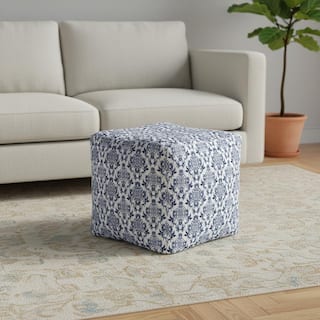 HomeRoots 18" Blue and White Upholstered Floral Pouf Ottoman