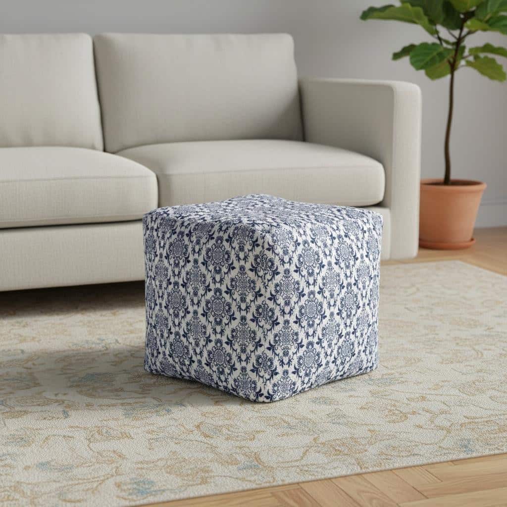 HomeRoots 18" Blue and White Upholstered Floral Pouf Ottoman