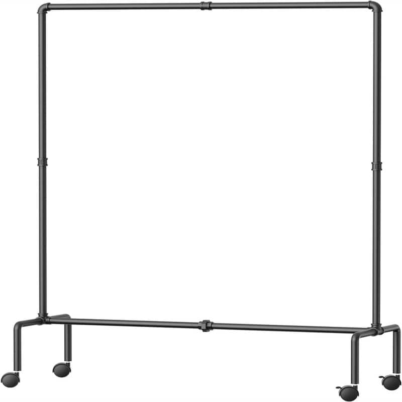 Industrial Pipe Clothing Rack Free Standing - 17.52"D x 46.34"W x 54.53"H - Matt Black with wheels