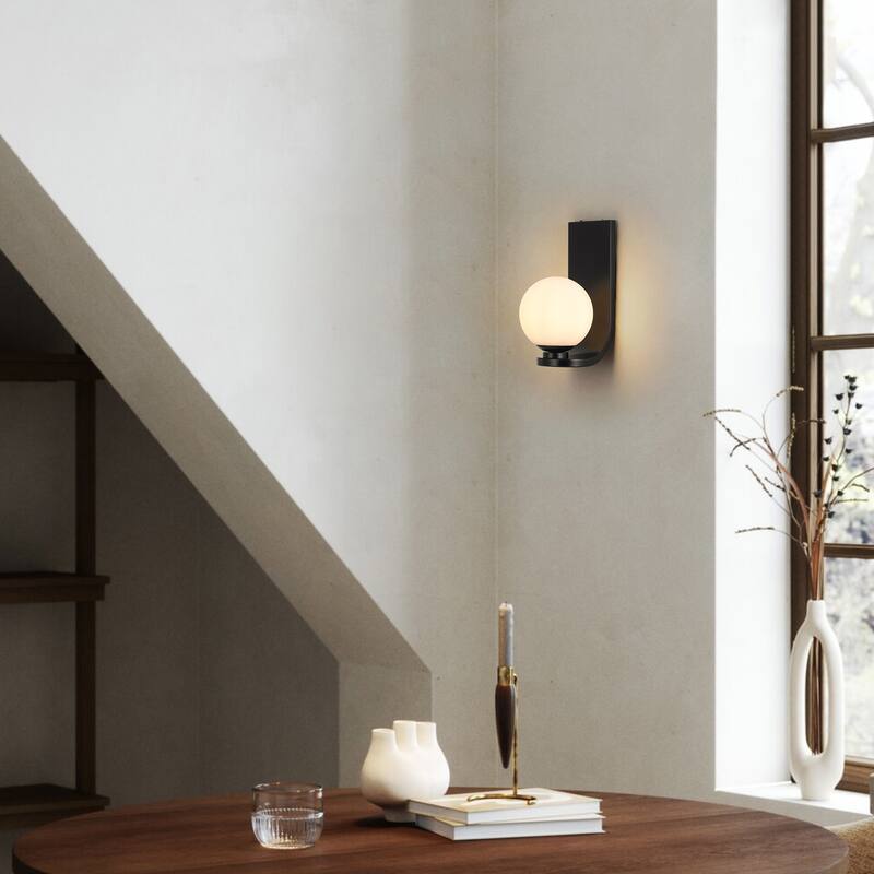 11.8" H 1-Light Modern Farmhouse Black J-Shaped Wall Mount Lighting with Opal Glass Globe Shade