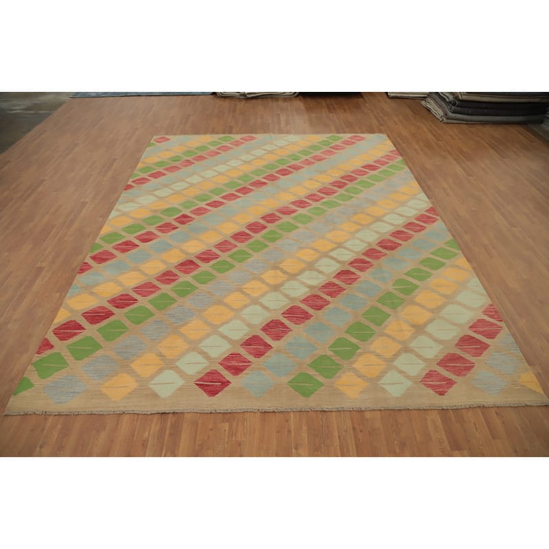 Hand Woven Oriental 100% Wool Carpet Southwestern Tribal Multi-Colored Kilim Area Rug - 12' 8'' X 10' 3''
