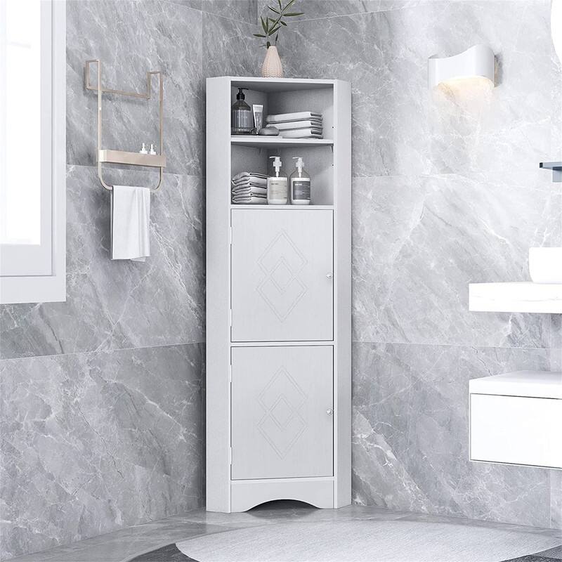 Home Tall Corner Cabinet with 2 Doors and 2 Tiers of Outside Shelves, Freestanding Storage Cabinet with Adjustable Shelves