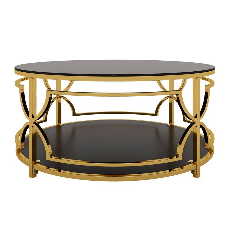 Glass Coffee Table Round Living Room Table, Luxurious Storage Table with Lower Shelf, 30.7" Center Table with Tempered Glass Top