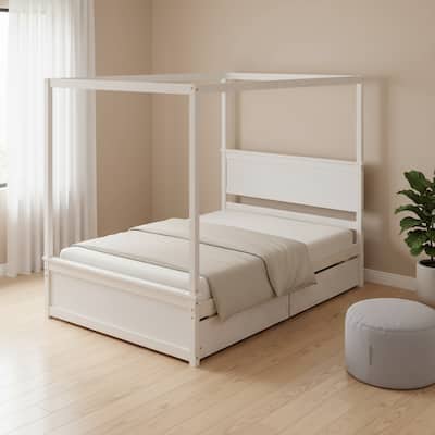 HomeRoots White Wood Full Canopy Bed With Drawers