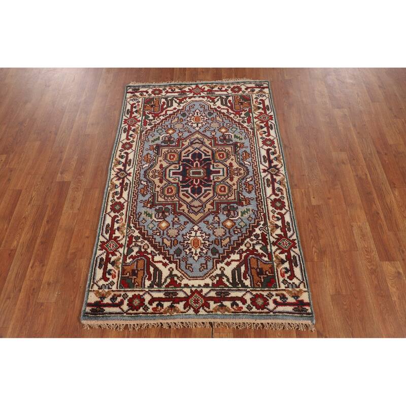 Geometric Blue Heriz Serapi Oriental Accent Rug Handmade Wool Carpet - 3'2" X 5'0"