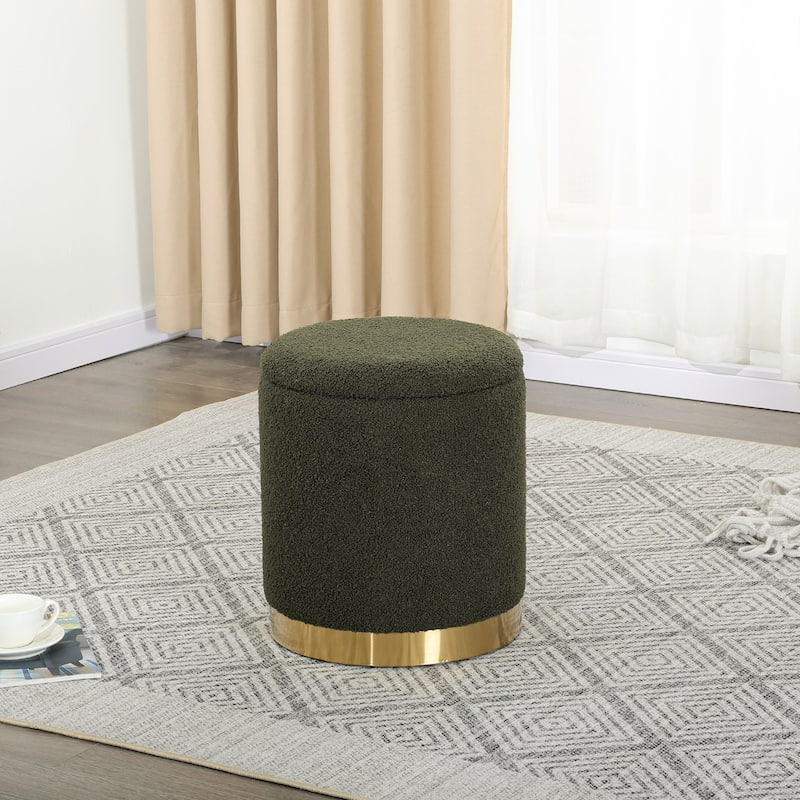 Adeco Velvet Round Storage Stool Gold Plating Base Storage Ottoman