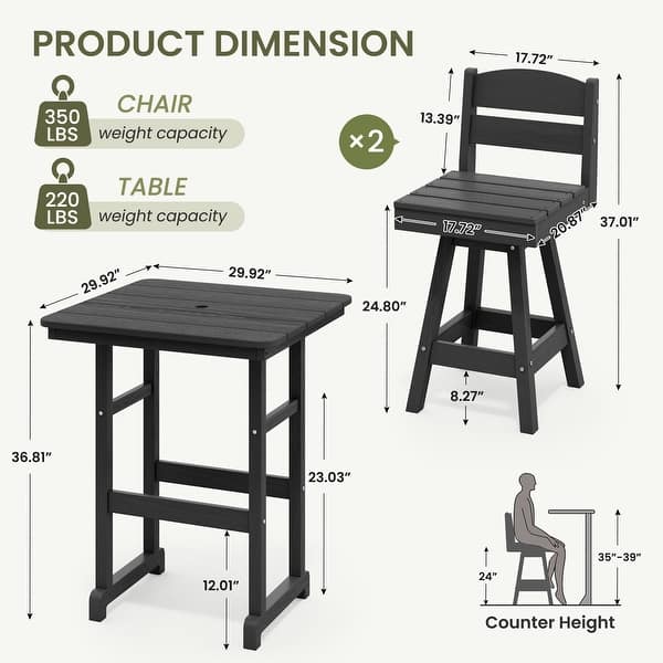 dimension image slide 2 of 5, 3-Piece HDPE Counter Height Bar Set with 2 24.8'' Height Swivel Bar Stools and 29.92'' W Square Bar Table,Pub table sets of 3