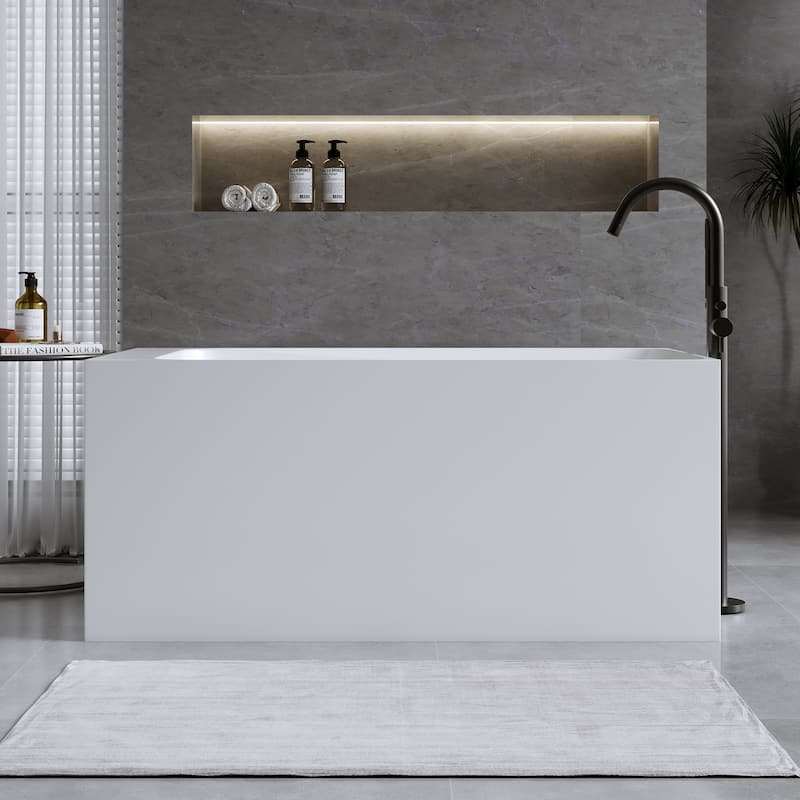 Solid Surface Freestanding Soaking Bathtub with Left Drain and Pop-up Drain, Modern Matte White Tubs with Overflow