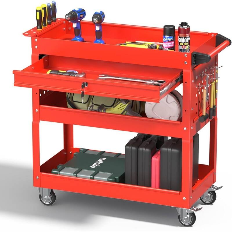 3 Tray Rolling Tool Cart, 400 LBS Capacity Mechanic Tool Carts on Wheels - 13.9 x 32.9 x 30 inches - Red