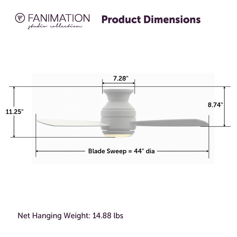 Fanimation Studio Collection Level 44 inch Matte White Flush Mount Ceiling Fan with LED Light and Wall Control