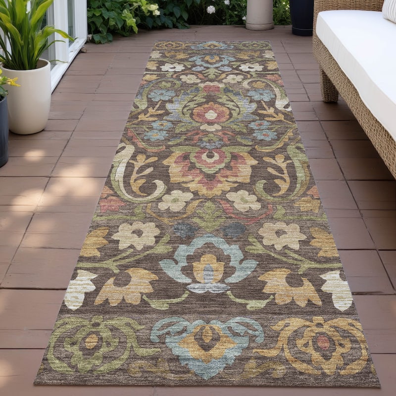 Machine Washable Indoor/Outdoor Floral Watercolor Chantille Rug - Chocolate - 2'3" x 7'6"