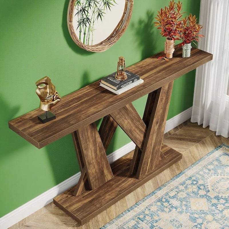 Brown MDF Farmhouse Console Table with Geometric Base for Entryway - 55.12” L x 11.61” W x 32.28” H