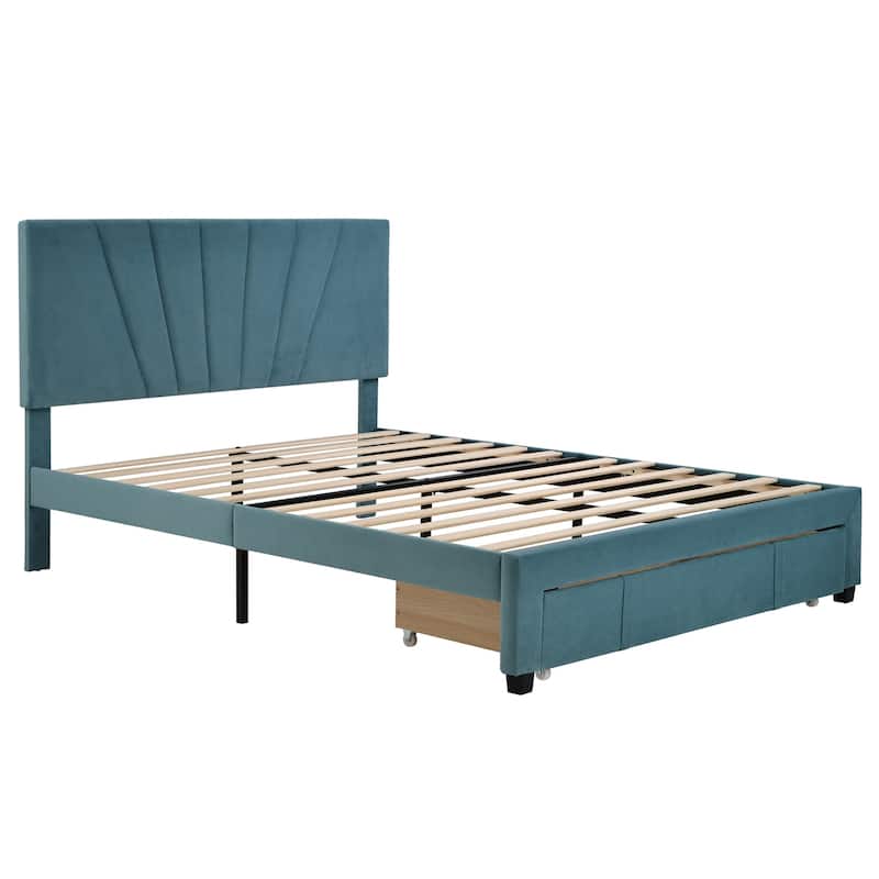 Storage Bed Velvet Upholstered Platform Bed with a Big Drawer