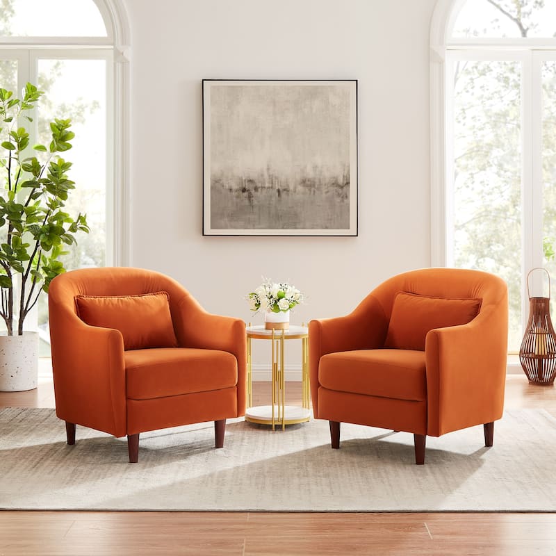 VANOMi 28.34''W Set Of 2 Accent Armchair, Velvet Barrel Chair with Solid Wood Legs - Orange