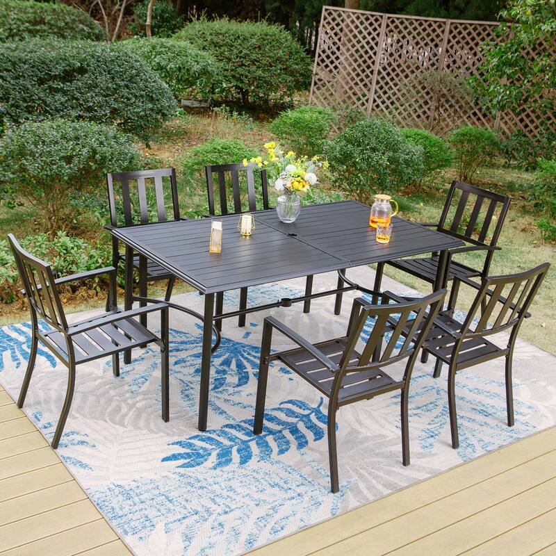 MAISON ARTS 7-Piece Metal Patio Dining Set With 1 Rectangular Table & 6 Stackable Dining Chairs