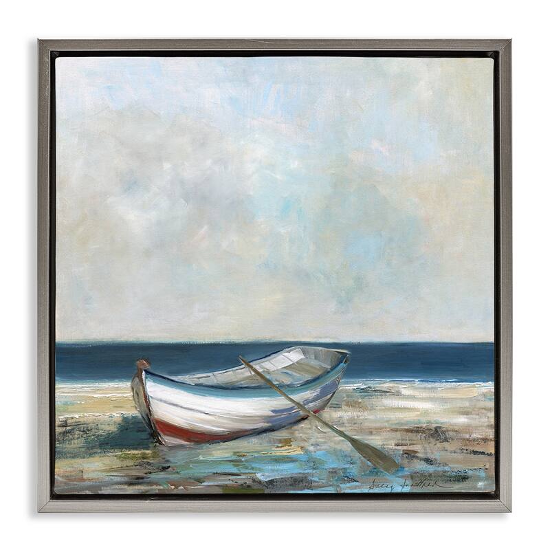 Stupell Boat & Oar on Shore Framed Floater Canvas Wall Art Design By Sally Swatland - 18 x 18 - Grey