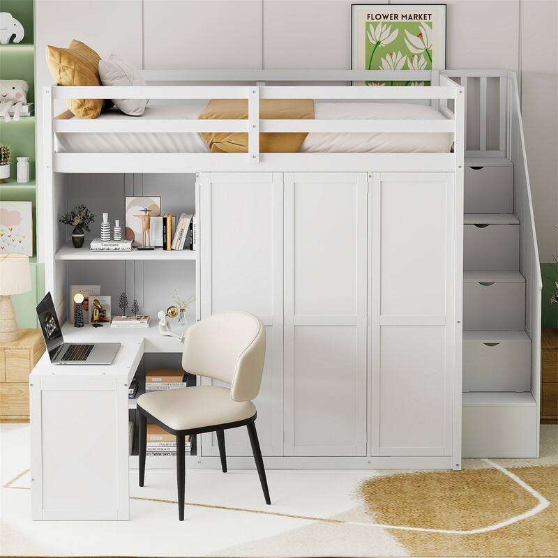 Full Size Loft Bed with Wardrobe, Bulit-in Desk and Storage Staircase, Kids Loft Bedframe with Storage Shelves and Guardrail