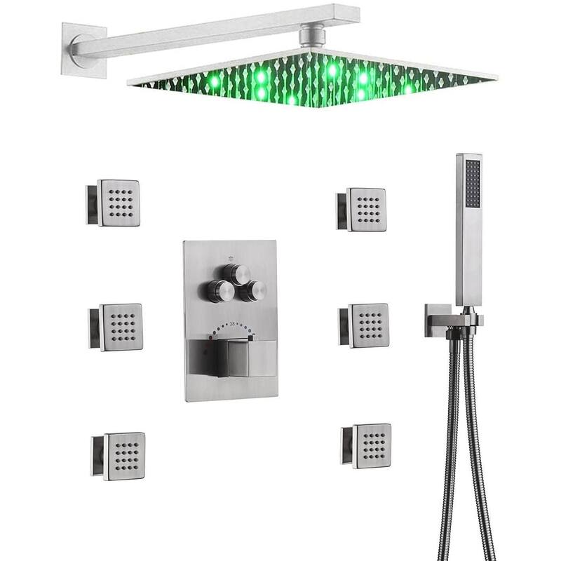 16" LED Wall Rainfall 3 Way Thermostatic Faucet Shower System w/6 Body Jets - Brushed Nickel