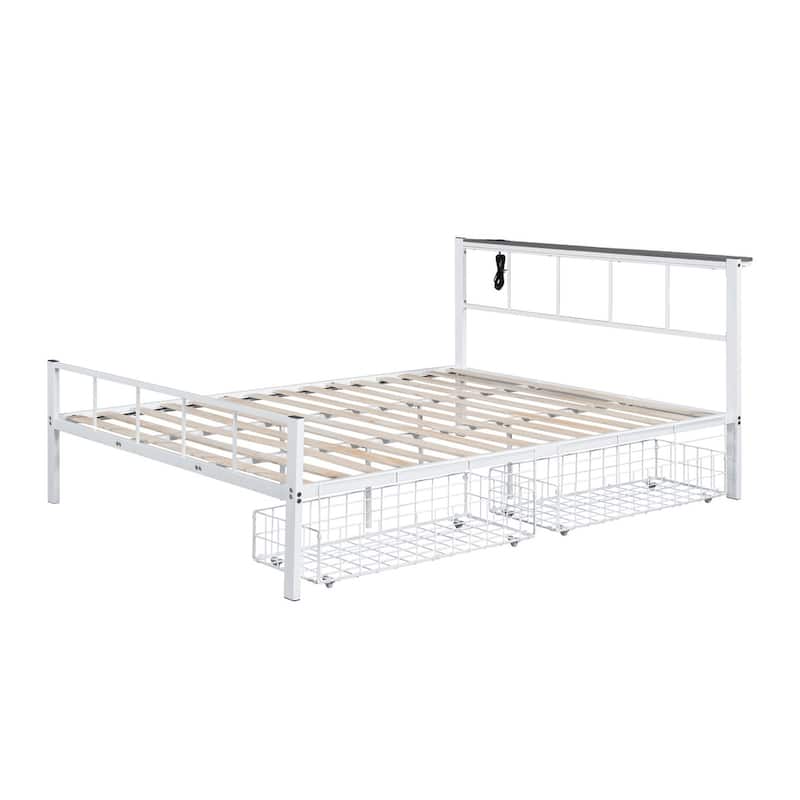 White Queen Size Metal Bed with USB Outlet & Underbed Storage, Mattress Ready