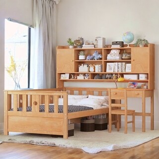 Kids Bed 3 IN 1 Bookshelf Platform Bed with Built-in Desk and Chair