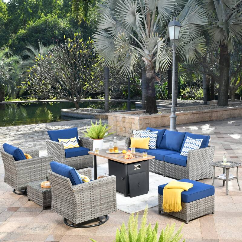 XIZZI 10-piece Outdoor Patio Furniture Rattan Wicker Conversation Sofa Set with Fire Pit - Navy Blue