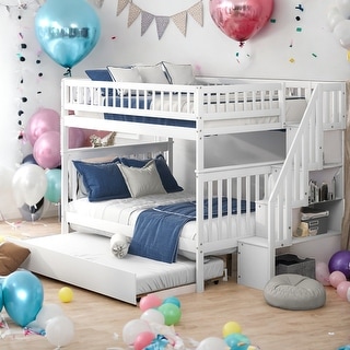 3 Beds In 1 Full Over Full Bunk Bed With Trundle And Staircase,Optimize Storage Space for Bedroom