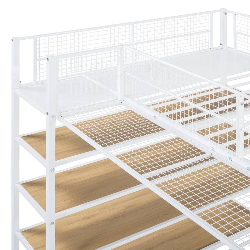 Twin Over Full Metal Bunk Bed with 5-Tier Shelves & Storage - 350LB Capacity