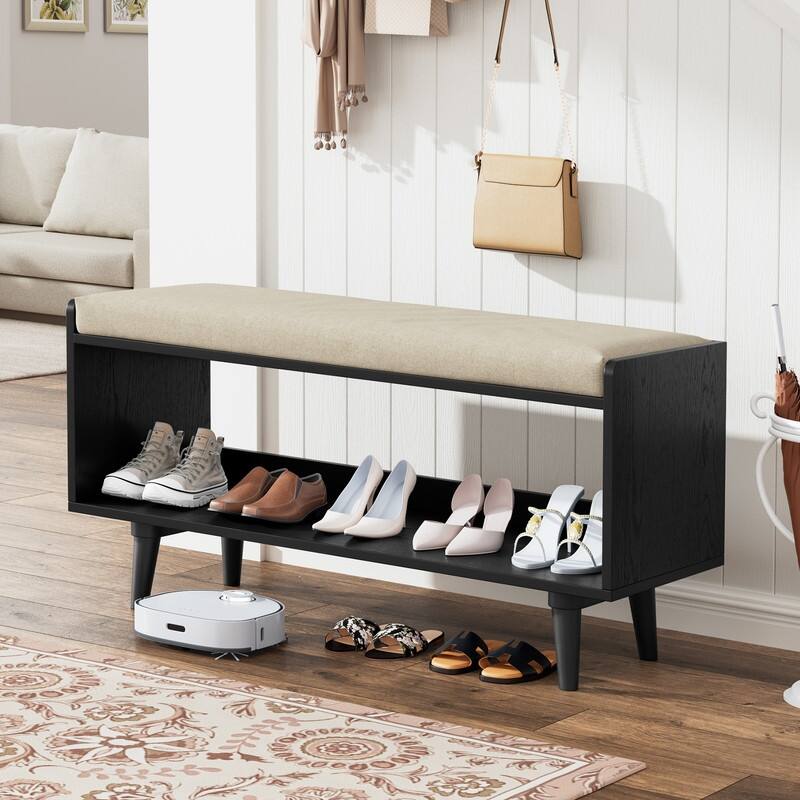 Upholstered End-of-Bed Bench with Shoe Storage – Solid Wood Frame, Anti-Slip Legs - Black