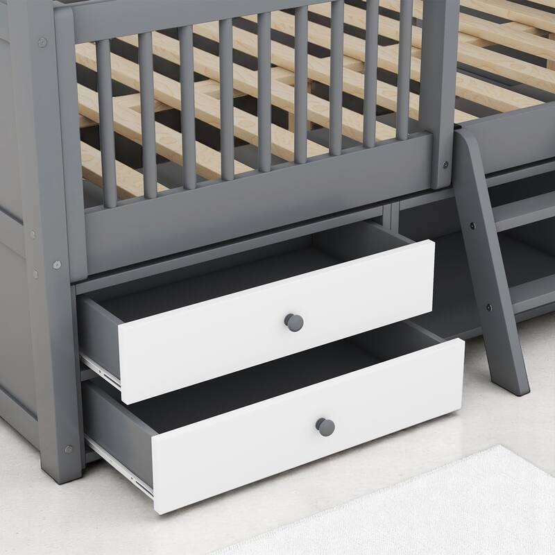 Twin/Full Size Wooden House Bed Frame with Skylight Roof, Drawers, Shelves and Ladder