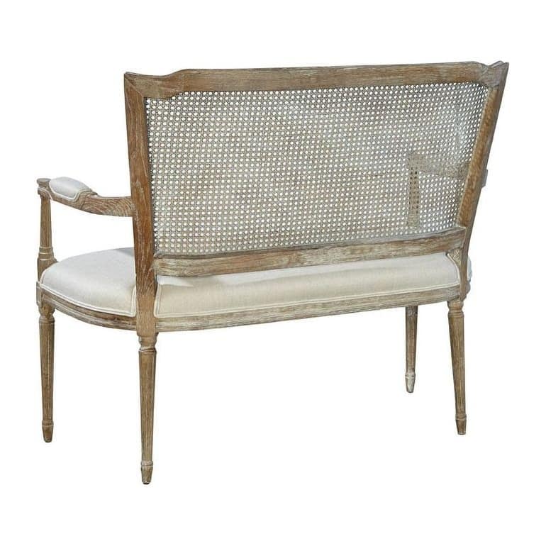 Vineland Victorian Oak & Cane Settee with Linen Upholstery