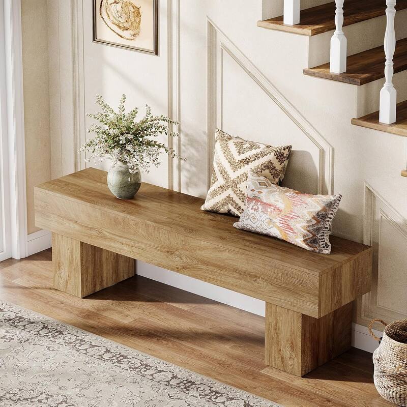63" Entryway Bench, Rustic Farmhouse End of Bed Bench for Hallway, Living Room, End of Bed, Light Brown