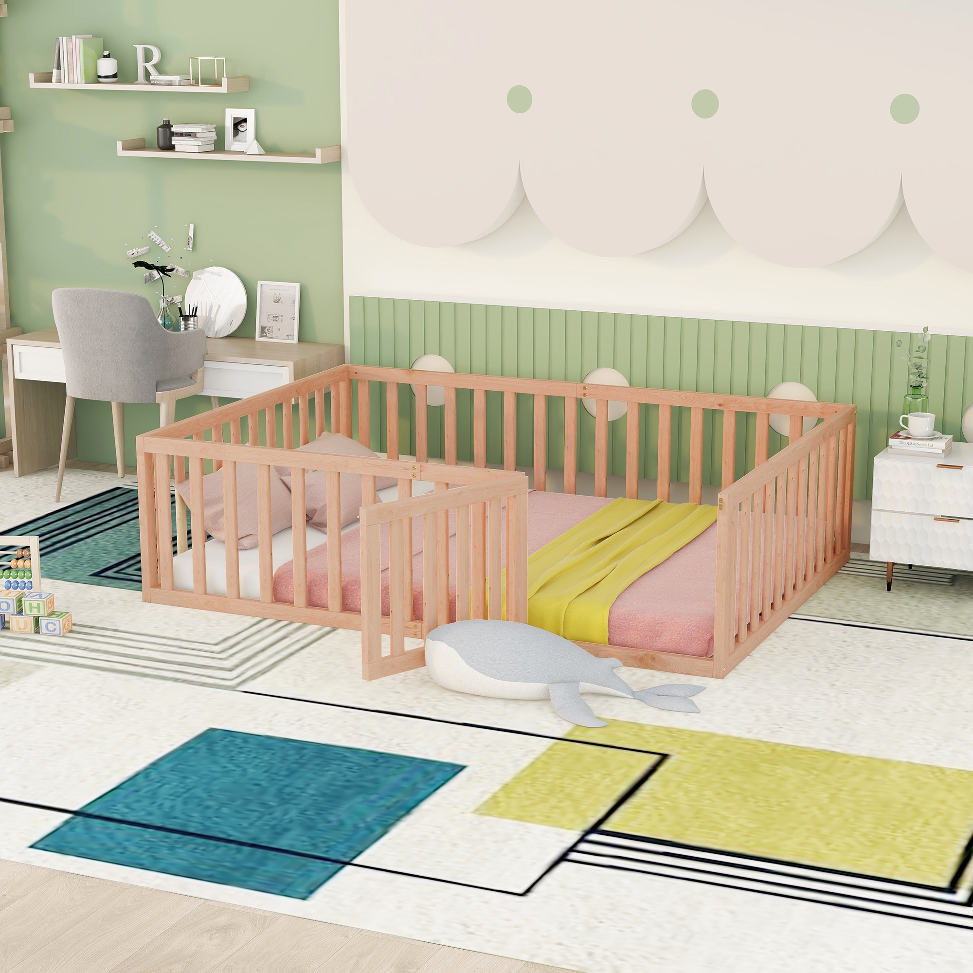 Full Wooden Floor Bed for Kids Montessori Bed Frame with Fence and Door Natural