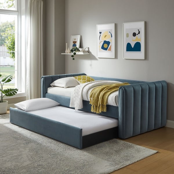 slide 2 of 12, Veyla Channel Tufted Performance Velvet Twin Daybed With Trundle Cadet Blue
