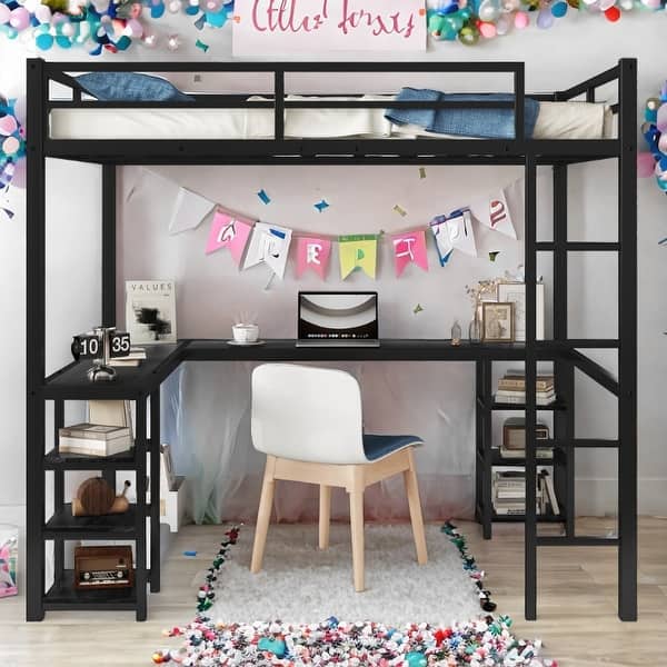 slide 2 of 14, Full Metal Loft Bed with Desk and Shelves, Loft Bed with Ladder and Guardrails, Loft Bed Frame for Bedroom Black