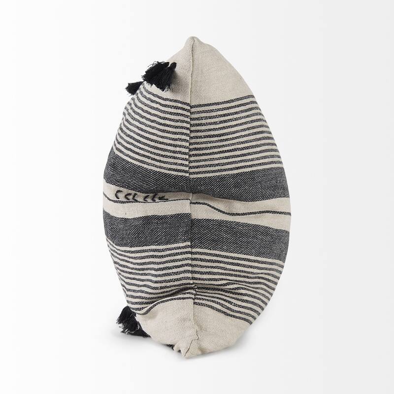 Thalia 13L x 21W Dark Gray and Cream Fabric Striped and Fringed Decorative Pillow Cover