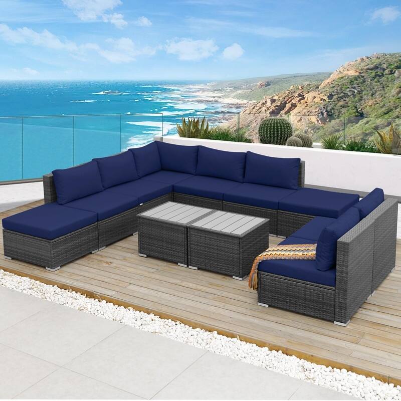 FINCATI Outdoor High-back Wicker Patio Sectional Set, 500 lbs Luxury Oversized Conversation Set, Spacious Couch Set - 162002 - Navy Blue