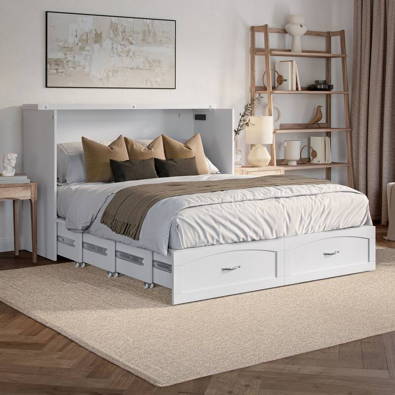 Marion Queen Murphy Bed Chest with 6" Mattress, Storage Drawer & Built-In Charger