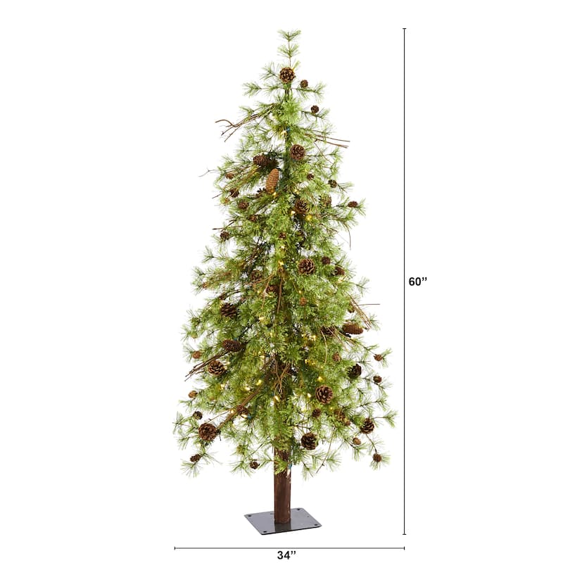 5ft. Alpine Artificial Christmas Tree with 100 Clear Multifunction LED Lights & Pine Cones on Trunk - Holiday X-Mas Accent