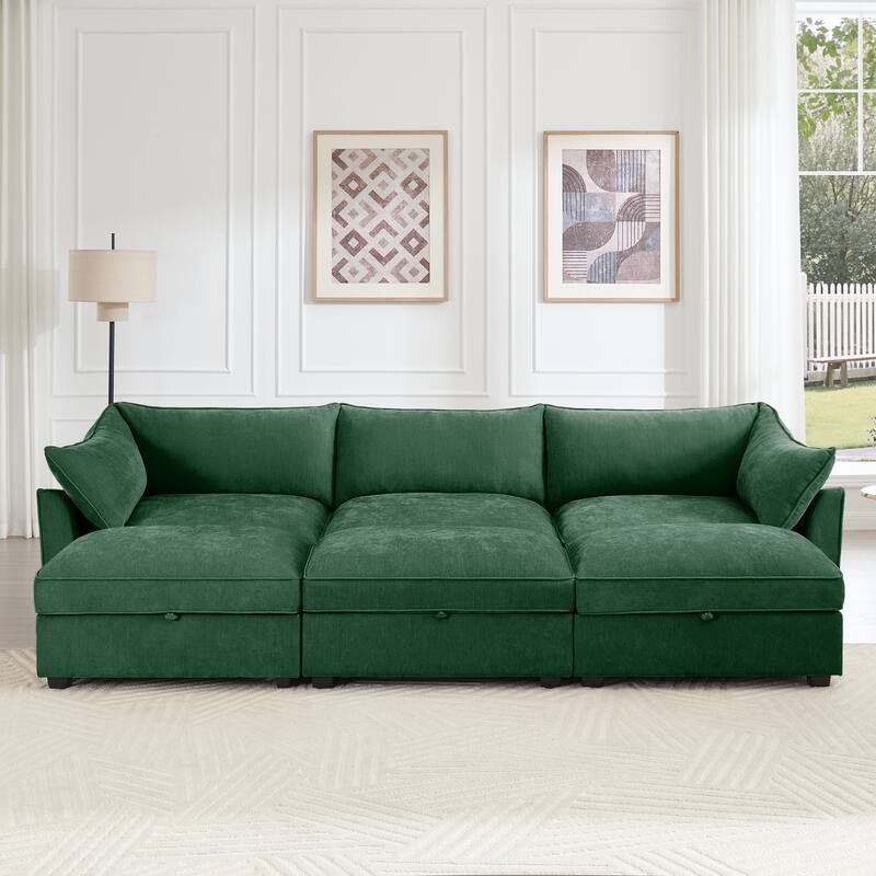 GDFStudio - Chenille 3-Seater 112.6" Modular Sofa with 3 Ottomans
