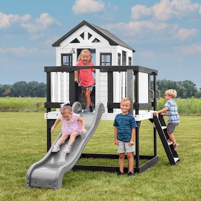 Backyard Discovery Sweetwater Heights White Wooden Playhouse w/ Slide - 6'3" x 10'0"