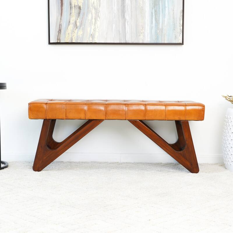 GDFStudio - Mia Modern Mid-Century 47" Genuine Leather Bench with Button Detail & Solid Wood Frame - 15.4"W