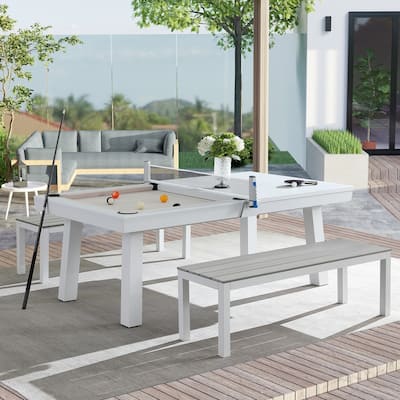 Laguna Indoor/Outdoor 7ft Slate Pool Table Dining Set with 2 Benches & Accessories, White Finish