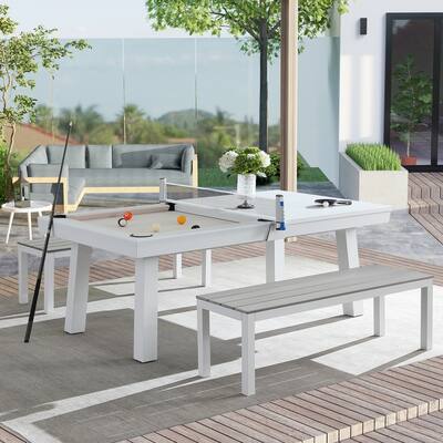 Newport Outdoor 8ft Slate Pool Table Dining Set with 2 Benches & Accessories, White Finish