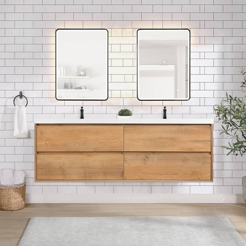 Sylphar 72 in. Toffee Oak Bath Vanity with Undermount Sink, 3 Top Options - Integrated Resin Sink Top Set