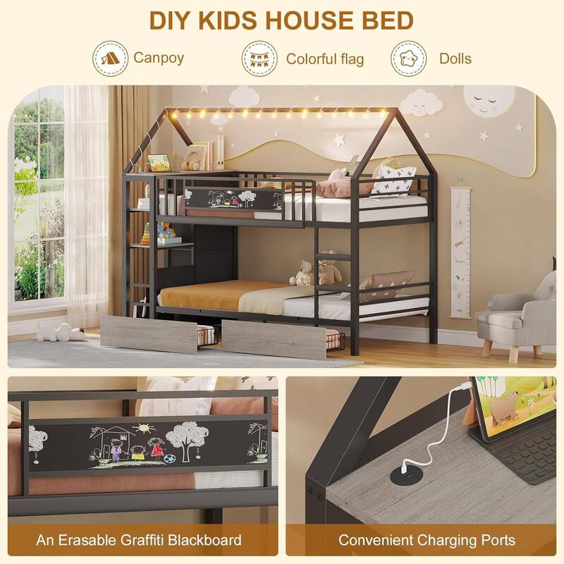 House Low Loft Bed Twin Size Storage Drawers Bookcase LED Lights