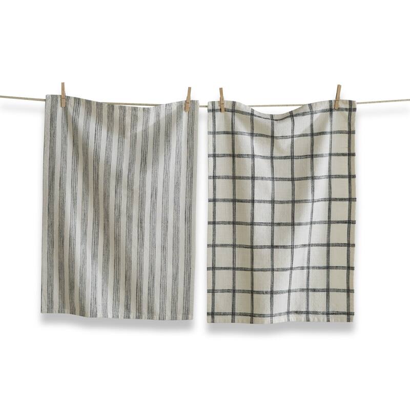 Set of 2 Black Check & Stripe on Beige Background Cotton Kitchen Dishtowels 26L x 18W in.