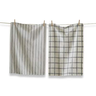 Set of 2 Black Check & Stripe on Beige Background Cotton Kitchen Dishtowels 26L x 18W in.