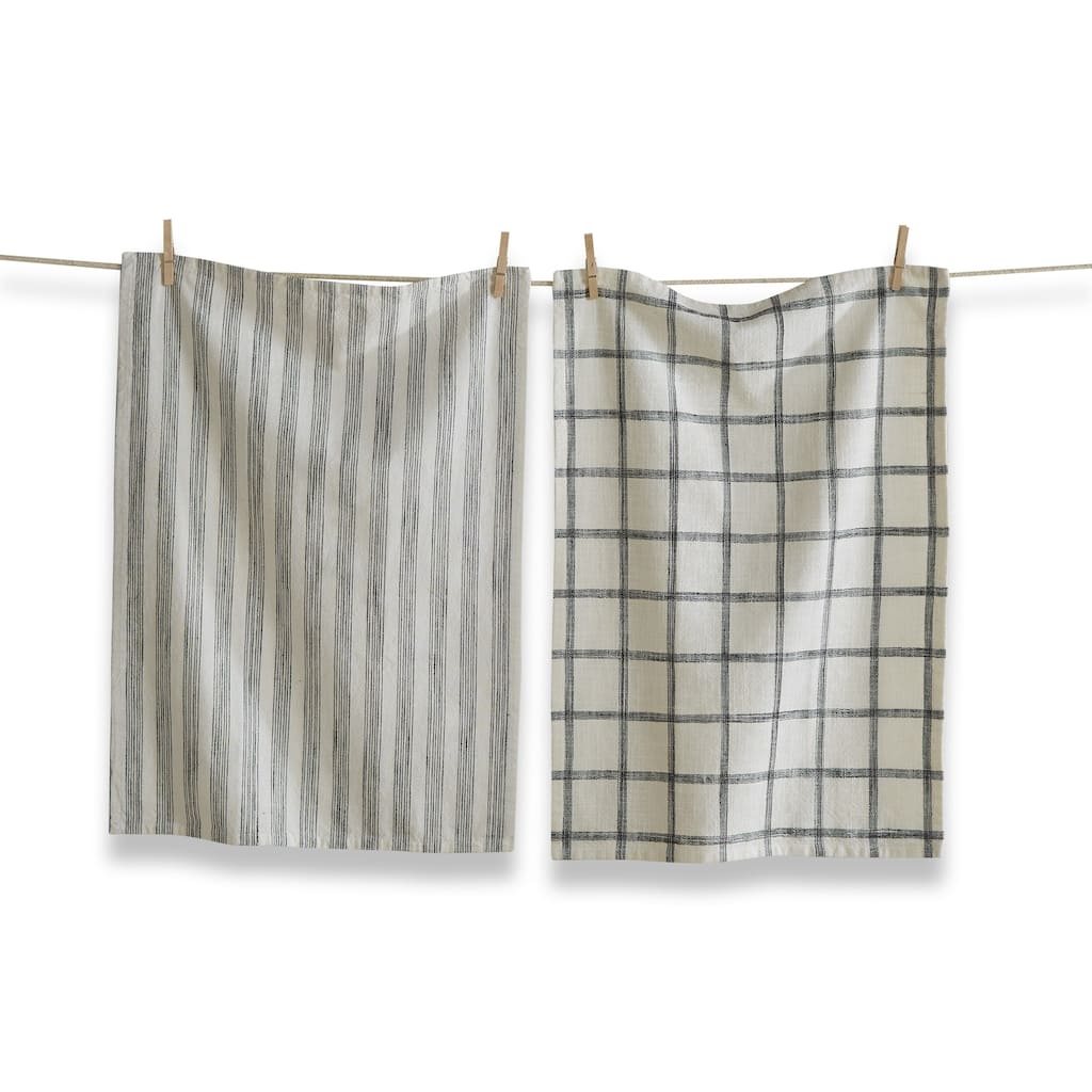 Set of 2 Black Check & Stripe on Beige Background Cotton Kitchen Dishtowels 26L x 18W in.