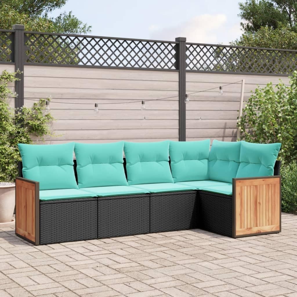 vidaXL 5 Piece Patio Sofa Set with Cushions Black Poly Rattan